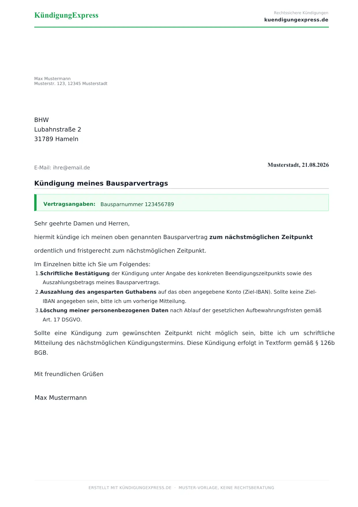 Rechtssicheres Kündigungsschreiben Bausparvertrag als PDF