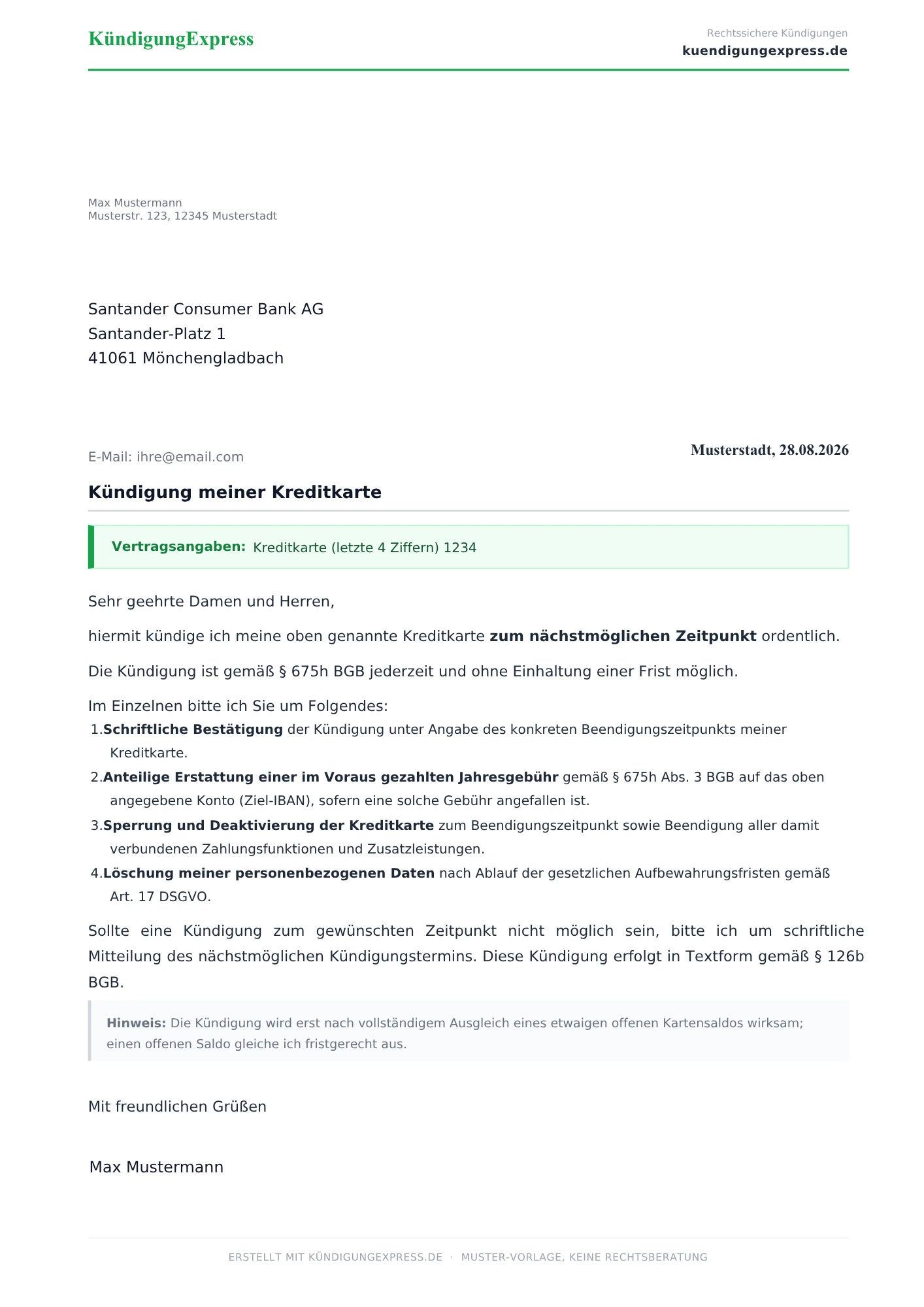 Rechtssicheres Kündigungsschreiben Kreditkarte als PDF